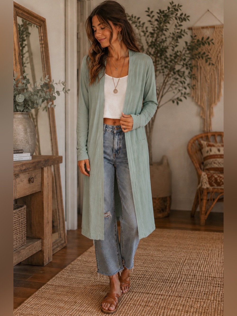 Listicle | Large | 100% Cotton | Sage Green 🍃 | Open-Front Long Cardigan